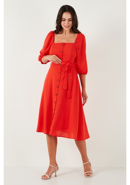 Regular Fit Kare Yaka Düğmeli Midi Boy Elbise Bayan Elbise 67810197 modelleri