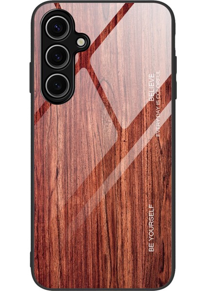 Samsung Galaxy S25 Kılıf Tpu+Temperli Cam Arka Telefon Kapağı Ahşap Doku-Şarap Kırmızı (Yurt Dışından)