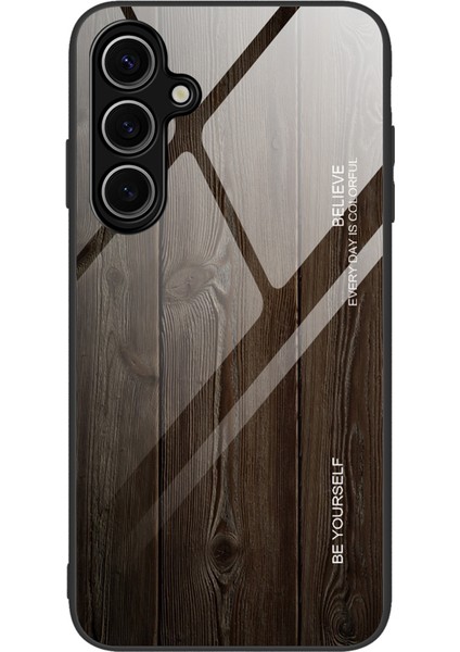 Samsung Galaxy S25 Kılıf Tpu+Temperli Cam Arka Telefon Kapağı Ahşap Doku-Siyah (Yurt Dışından)