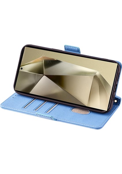 Samsung Galaxy S23 Ultra Deri Cüzdan Kılıf Rfıd Engelleme El Askılı Stand Kapağı-Mavi (Yurt Dışından)
