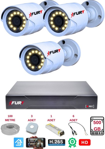 3 Lü Gece Renkli Görüş Güvenlik Kamerası Full Hd-Su Geçirmez Güvenlik Kamerası Seti 500GB