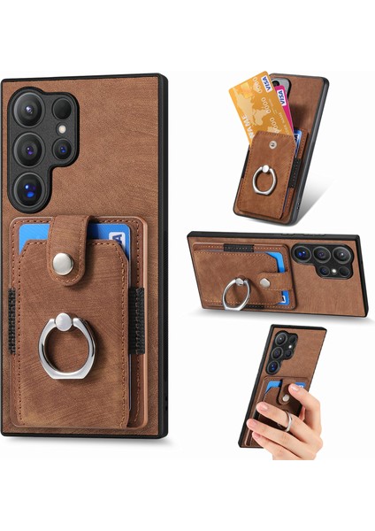 Samsung Galaxy S25 Ultra Telefon Kılıfı Kart Yuvalı Deri Arka Kapak Kickstand-Kahverengi (Yurt Dışından)