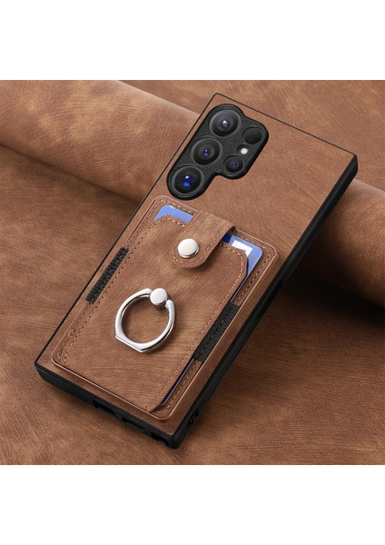 Samsung Galaxy S25 Ultra Telefon Kılıfı Kart Yuvalı Deri Arka Kapak Kickstand-Kahverengi (Yurt Dışından)