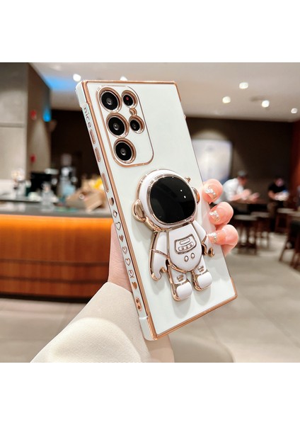 Samsung Galaxy S25 Ultra Kılıf Love Hearts Elektro Kaplama Tpu Telefon Kılıfı Astronot Kickstand-Fildişi Beyazı (Yurt Dışından)