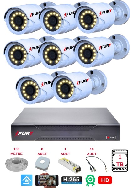 8 Li Gece Renkli Görüş Güvenlik Kamerası Full Hd-Su Geçirmez Güvenlik Kamerası Seti 1tb
