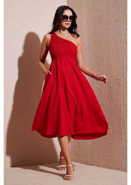 Regular Fit Tek Omuz Belden Açılan Gipeli Midi Boy Elbise Bayan Elbise 67810248