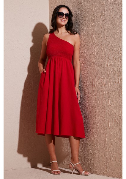 Regular Fit Tek Omuz Belden Açılan Gipeli Midi Boy Elbise Bayan Elbise 67810248 fiyatları