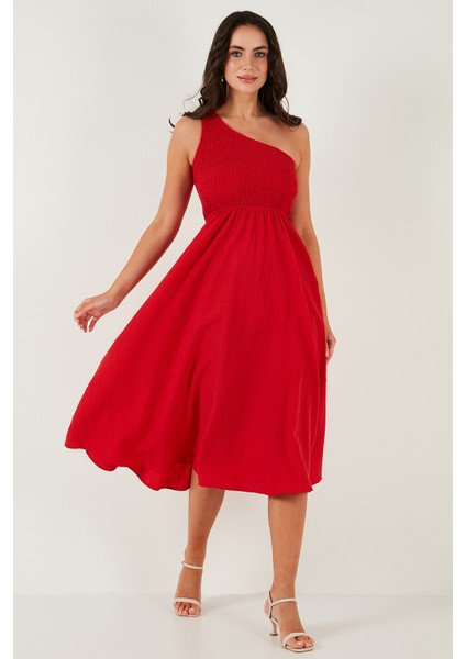 Regular Fit Tek Omuz Belden Açılan Gipeli Midi Boy Elbise Bayan Elbise 67810248 modelleri