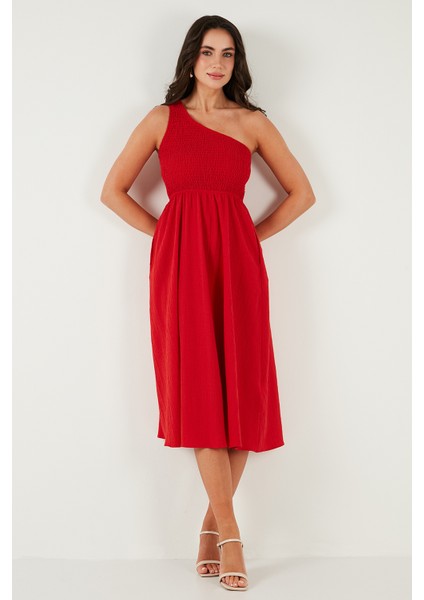 Regular Fit Tek Omuz Belden Açılan Gipeli Midi Boy Elbise Bayan Elbise 67810248 fırsatları