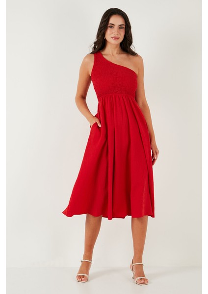 Regular Fit Tek Omuz Belden Açılan Gipeli Midi Boy Elbise Bayan Elbise 67810248 indirimleri