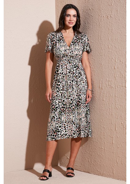 Standart Fit V Yaka Desenli Bağlama Detaylı Midi Boy Elbise Bayan Elbise 6788624