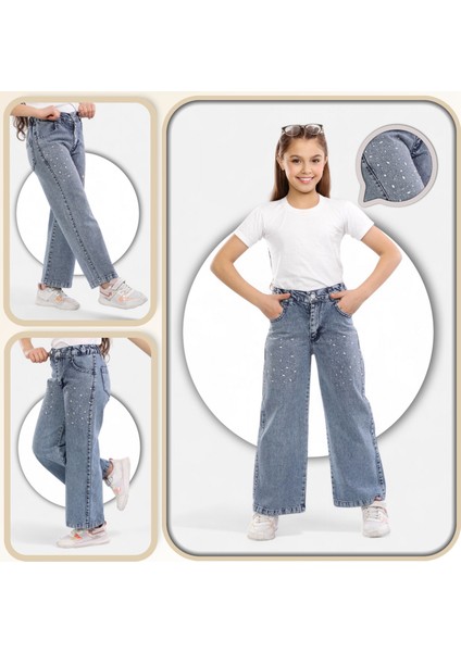Pamuk-Denim-Kot-Serpme Taşlı-Kar Yıkamalı-Kız Çocuk Pantolonu-Palazzo