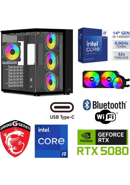 Şafak-Gaming Pc Ddr5 – Rtx 5080 16GB – Intel I9 14900KF – 32 GB Ddr5 Ram – 1 Tb M.2 SSD – Windows 11 Pro – Sıvı Sogutmalı