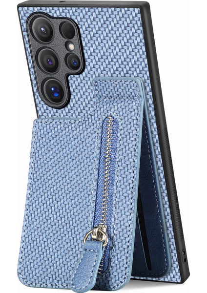 Samsung Galaxy S25 Ultra Kılıf Deri Telefon Arka Kapak Fermuarlı Kart Tutucu Kickstand-Mavi (Yurt Dışından)