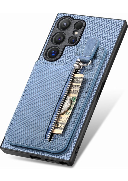 Samsung Galaxy S25 Ultra Kılıf Deri Telefon Arka Kapak Fermuarlı Kart Tutucu Kickstand-Mavi (Yurt Dışından)