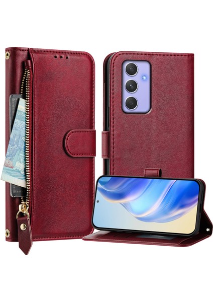 Samsung Galaxy A54 5g Kılıf Fermuarlı Cep Çoklu Kart Yuvaları Deri Telefon Kapağı-Kırmızı (Yurt Dışından)