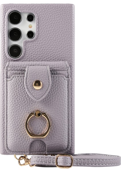 Samsung Galaxy S24 Ultra Kılıf Kart Tutuculu, Omuz Askılı Pc+Tpu Halkalı Kickstand Telefon Arka Kapak-Mor (Yurt Dışından)