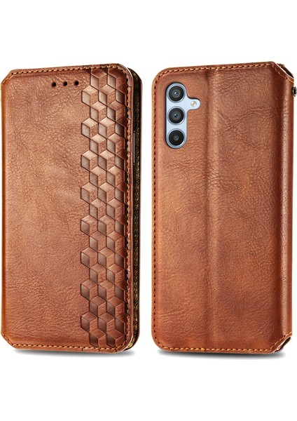 Samsung Galaxy A36 5G/A56 5g Kılıf Eşkenar Dörtgen Baskı Pu Deri Cüzdan Telefon Kapağı-Kahverengi (Yurt Dışından)