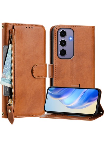 Samsung Galaxy S24 Kılıf Fermuarlı Cep Çoklu Kart Yuvaları Deri Telefon Kapağı-Kahverengi (Yurt Dışından)