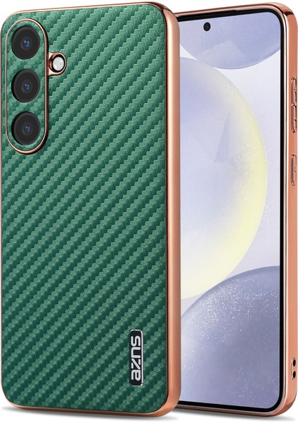 Samsung Galaxy S25 Kılıf Elektro Kaplama Karbon Fiber Doku Pu+Tpu Telefon Kapağı-Yeşil (Yurt Dışından)