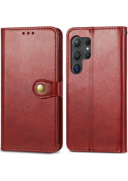 Samsung Galaxy S25 Ultra Kılıf Deri Telefon Kılıfı Bilek Askılı Cüzdan Standlı Kapak-Kırmızı (Yurt Dışından)