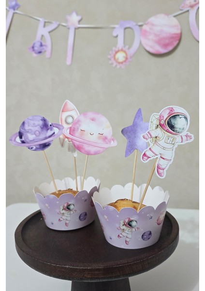 Pembe Uzay Tema Kürdan Süsleri Cupcake Süsleri Lüks Büyük Boy 10LU Paket fırsatları