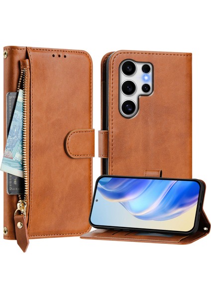 Samsung Galaxy S25 Ultra Kılıf Fermuarlı Cep Çoklu Kart Yuvaları Deri Telefon Kapağı-Kahverengi (Yurt Dışından)