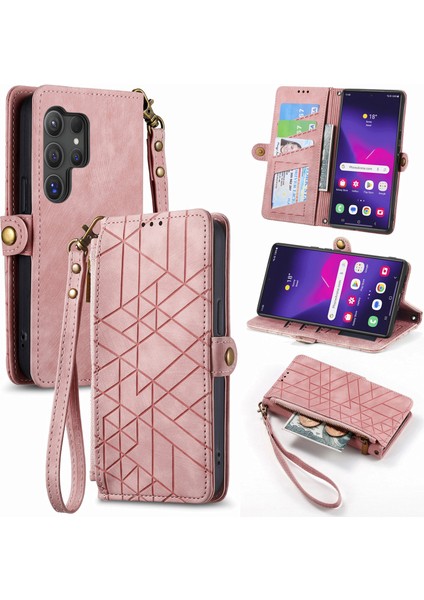Samsung Galaxy S25 Ultra Kılıf Fermuarlı Cüzdan Geometri Çizgili Deri Telefon Kılıfı-Pembe (Yurt Dışından)
