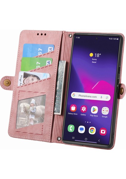 Samsung Galaxy S25 Ultra Kılıf Fermuarlı Cüzdan Geometri Çizgili Deri Telefon Kılıfı-Pembe (Yurt Dışından) fiyatları