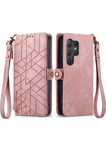 Samsung Galaxy S25 Ultra Kılıf Fermuarlı Cüzdan Geometri Çizgili Deri Telefon Kılıfı-Pembe (Yurt Dışından) fırsatları