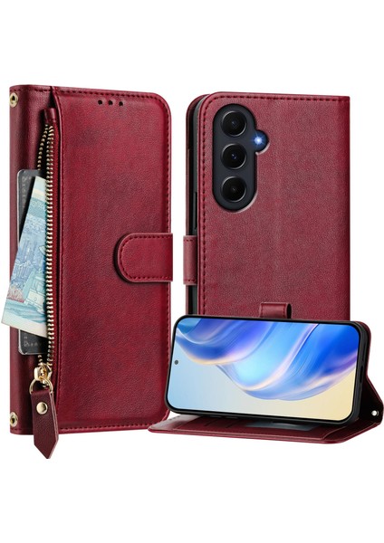 Samsung Galaxy A55 5g Kılıf Fermuarlı Cep Çoklu Kart Yuvaları Deri Telefon Kapağı-Kırmızı (Yurt Dışından)