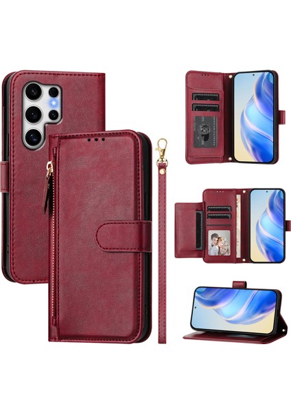 Samsung Galaxy S25 Ultra Kılıf Fermuarlı Cep Çoklu Kart Yuvalı Deri Telefon Kapağı-Kırmızı (Yurt Dışından)