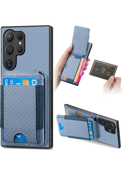 Samsung Galaxy S25 Ultra Kılıf Kart Tutuculu Kickstand Deri Arka Kapak-Mavi (Yurt Dışından)