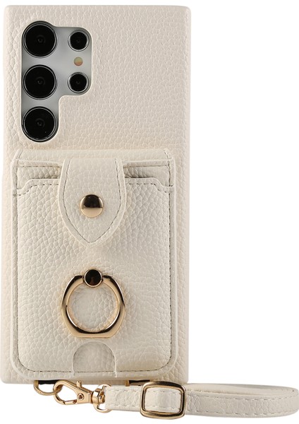 Samsung Galaxy S24 Ultra Kılıf Kart Tutuculu, Omuz Askılı Pc+Tpu Halkalı Kickstand Telefon Arka Kapak-Beyaz (Yurt Dışından)