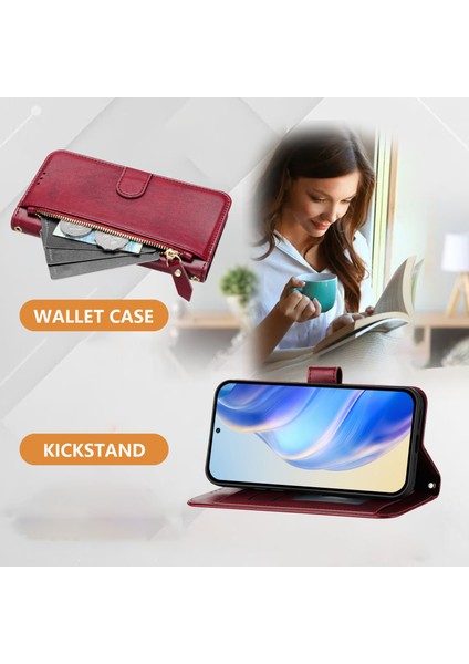 Samsung Galaxy S25 Ultra Kılıf Fermuarlı Cep Çoklu Kart Yuvalı Deri Telefon Kapağı-Kırmızı (Yurt Dışından)