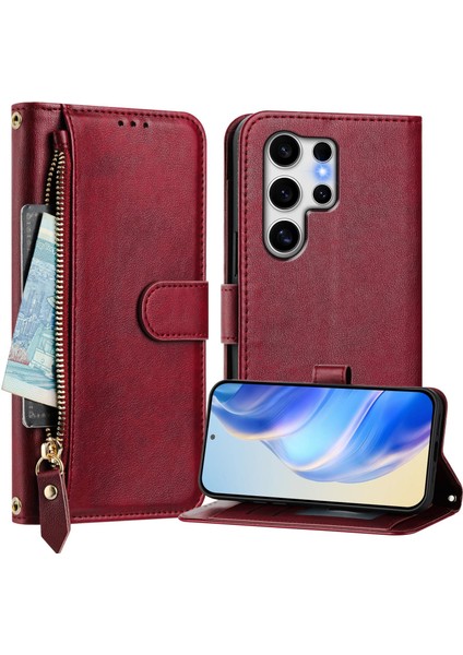 Samsung Galaxy S25 Ultra Kılıf Fermuarlı Cep Çoklu Kart Yuvalı Deri Telefon Kapağı-Kırmızı (Yurt Dışından)