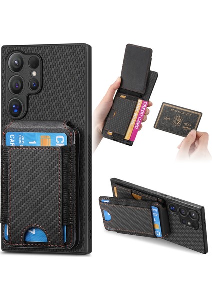 Samsung Galaxy S25 Ultra Kılıf Kart Tutuculu Kickstand Deri Arka Kapak-Siyah (Yurt Dışından)