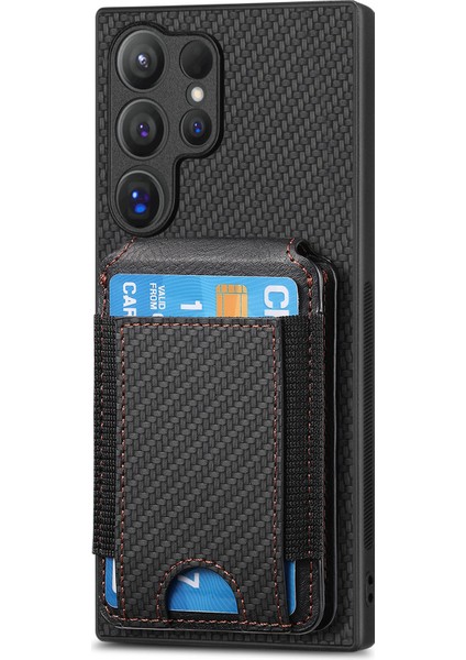Samsung Galaxy S25 Ultra Kılıf Kart Tutuculu Kickstand Deri Arka Kapak-Siyah (Yurt Dışından)