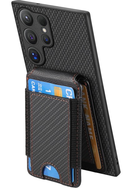 Samsung Galaxy S25 Ultra Kılıf Kart Tutuculu Kickstand Deri Arka Kapak-Siyah (Yurt Dışından)