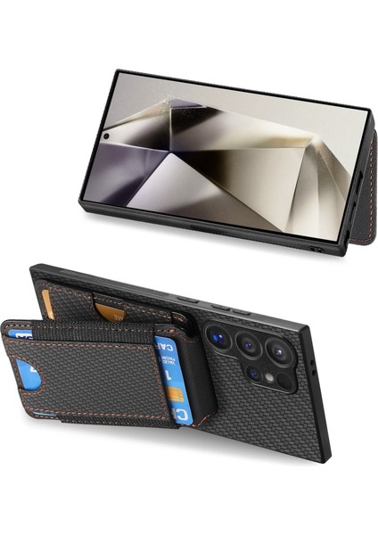Samsung Galaxy S25 Ultra Kılıf Kart Tutuculu Kickstand Deri Arka Kapak-Siyah (Yurt Dışından)