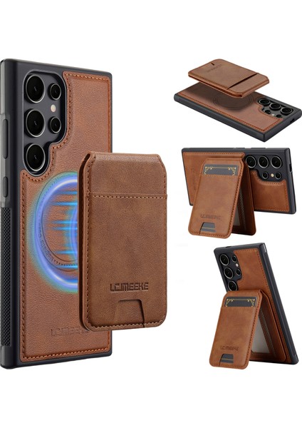 Lc.ımeeke L3 Samsung Galaxy S23 Ultra Manyetik Kılıf Çıkarılabilir Kart Tutucu Deri+Tpu Mobil Kapak-Kahverengi (Yurt Dışından)