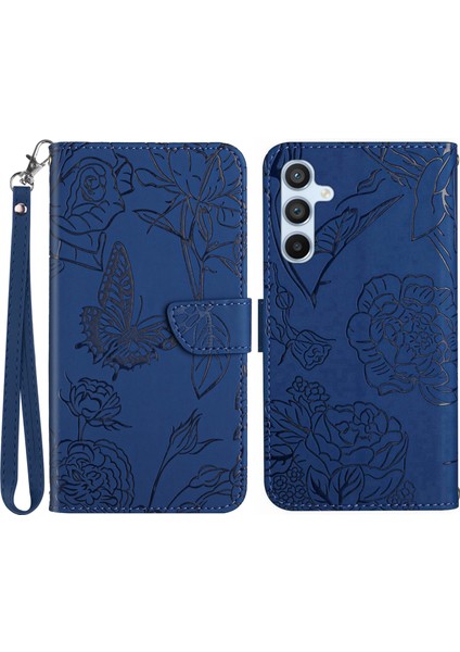 Samsung Galaxy A56 5g Kılıf Askılı Deri Telefon Kılıfı, Çiçek Baskı-Mavi (Yurt Dışından)