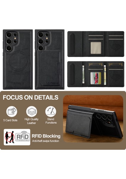 Lc.ımeeke L5 Samsung Galaxy S23 Ultra Manyetik Telefon Kılıfı Çıkarılabilir Kart Tutuculu Deri Arka Kapak-Siyah (Yurt Dışından)