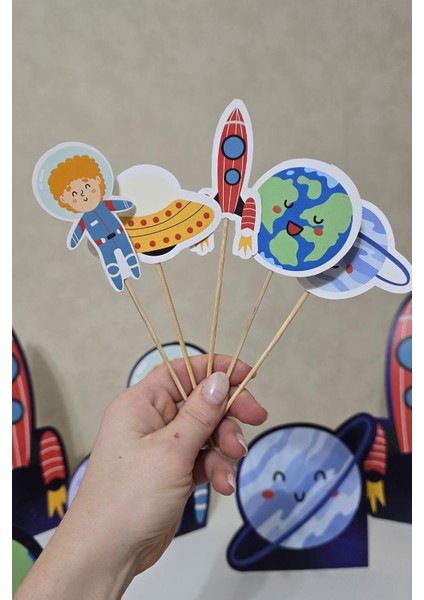 Uzay Tema Kürdan Süsleri Cupcake Süsleri Lüks Büyük Boy 10LU Paket