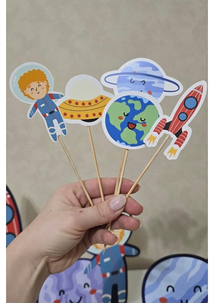 Uzay Tema Kürdan Süsleri Cupcake Süsleri Lüks Büyük Boy 10LU Paket fiyatları