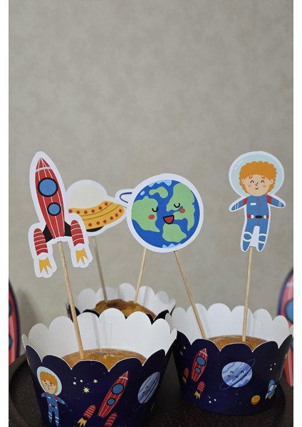 Uzay Tema Kürdan Süsleri Cupcake Süsleri Lüks Büyük Boy 10LU Paket modelleri