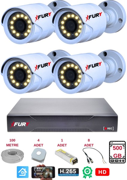 4 Lü Gece Renkli Görüş Güvenlik Kamerası Full Hd-Su Geçirmez Güvenlik Kamerası Seti 500GB