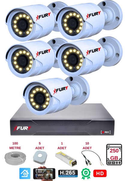 5 Li Gece Renkli Görüş Güvenlik Kamerası Full Hd-Su Geçirmez Güvenlik Kamerası Seti 250GB