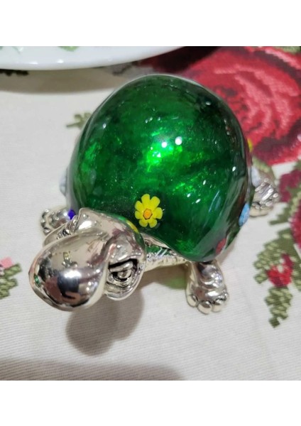Italyan, Murano Cam , Gümüş Kaplama , Mia Fiore Desenli Yeşil Kaplumbağa Biblo 11×7 cm 1 Adet fiyatları