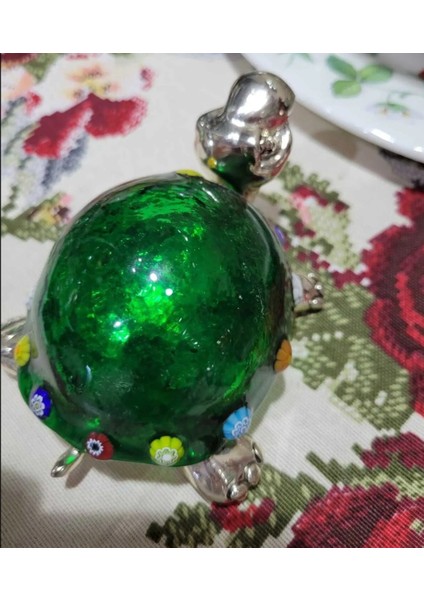 Italyan, Murano Cam , Gümüş Kaplama , Mia Fiore Desenli Yeşil Kaplumbağa Biblo 11×7 cm 1 Adet modelleri